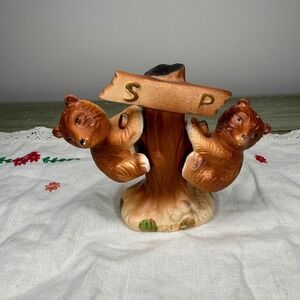 Vintage Ceramic Brown Bear Salt & Pepper Shakers On Tree Stand Japan MCM Kitsch